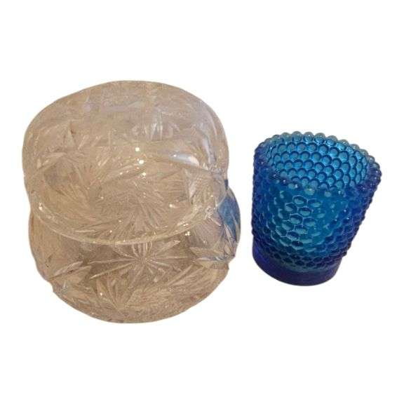 Clear Pressed Glass Trinket Box/Blue Hobnail Glass Votive image