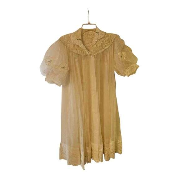 Vintage Sheer White Dress with Light Cover and Blue Ribbon Detail image