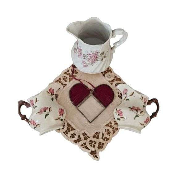 Vintage Floral Pitcher & Creamer Set with Lace Doily and Heart Ornament image