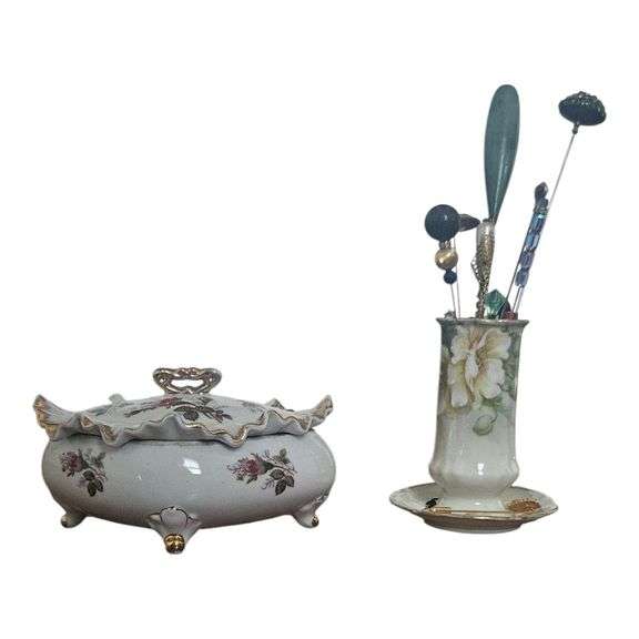 Hatpin Holder with Vintage Hatpins & a Porcelain Trinket Box image