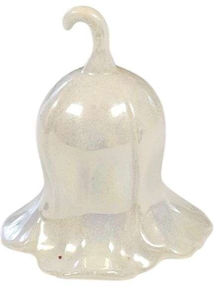 Vintage Iridescent Glass Bell Ornament  This lovely vintage-style glass bell features a delicate, fluted design with a pearly iridescent finish that catches the light beautifully. Inside, it has a small glass clapper suspended by a thin wire, producing a soft, gentle chime. The top includes a curled handle for easy hanging or display. Perfect as a collectible, a decorative accent, or a charming addition to your holiday décor.  Condition: Pre-owned; light wear consistent with age. No cracks or chips noted. Material: Glass Color: Iridescent white image