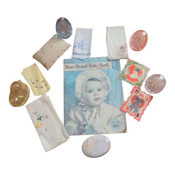Vintage Baby Keepsake Collection – Bear Brand Baby Book, Handkerchiefs, & More image