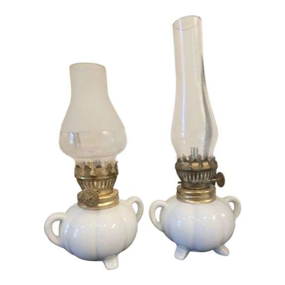 Pair of Vintage Miniature Milk Glass Oil Lamps – Made in Japan image