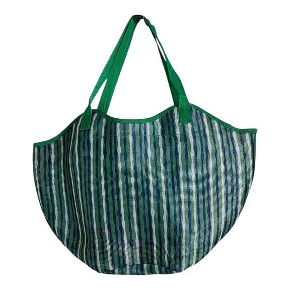 Large Green & Blue Striped Tote Bag Extra-large reusable tote bag with green handles and vertical blue and green stripe pattern. Lightweight and durable — perfect for beach trips, groceries, or storage use. image