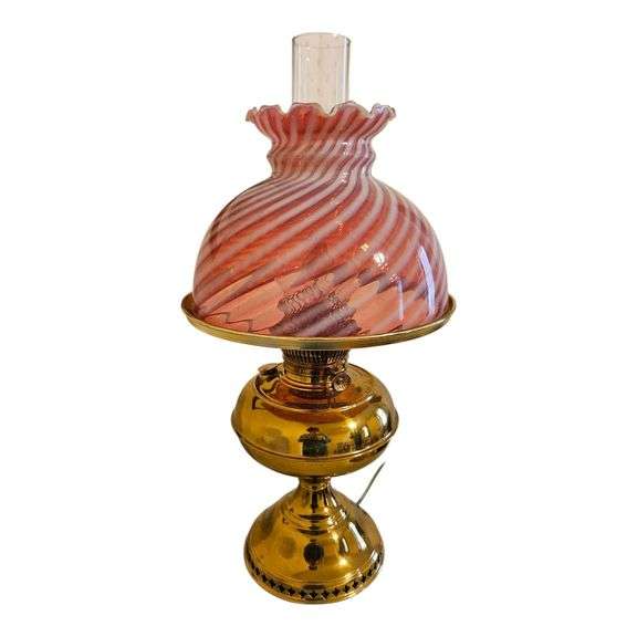 Vintage Brass Lamp with Pink Swirl Glass Shade image