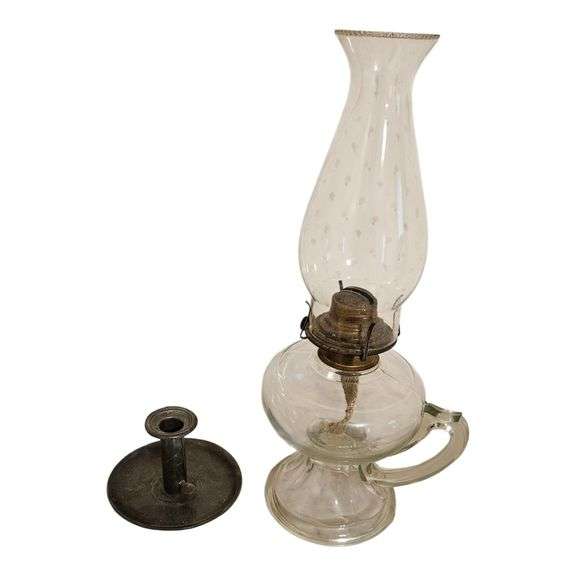 Vintage Glass Oil Lamp with Clear Chimney & Metal Candle Holder image