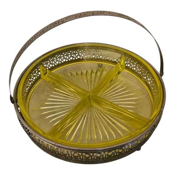 Vintage Yellow Glass Divided Relish Dish in Silverplate Carrier with Handle image