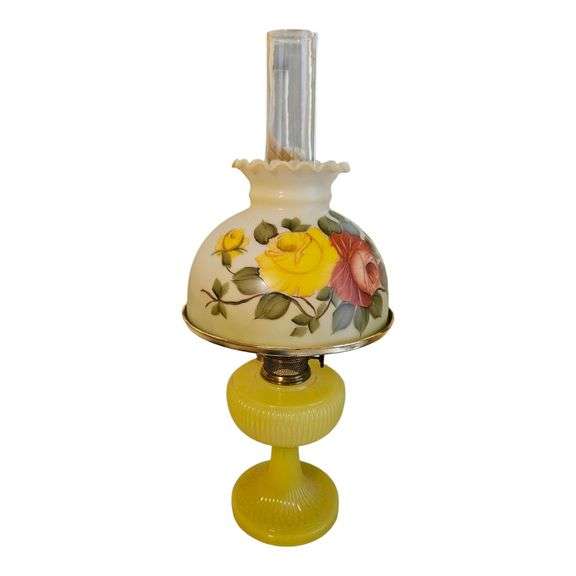 Vintage Yellow Glass Hurricane Lamp with Hand-Painted Floral Shade image