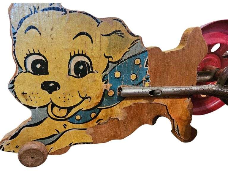 Vintage 1940s A.M. Hill “Happy Puppy” Pull Toy – Wooden & Metal – The Hill Brass Co., East Hampton, CT image