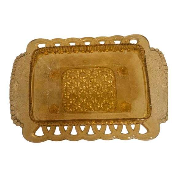Amber Depression Glass Footed Serving Dish – Open Lace Edge Pattern image