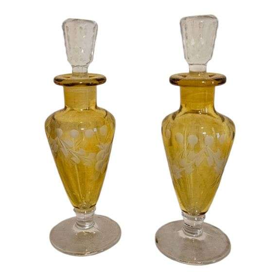 Pair of Antique Etched Yellow Glass Perfume Bottles with Stoppers image