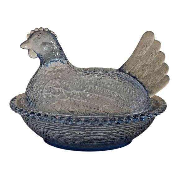 Vintage Blue Glass Hen on Nest Covered Dish image
