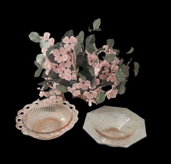 Lot of 2 Pink Depression Glass Bowls with Silk Floral Arrangement image