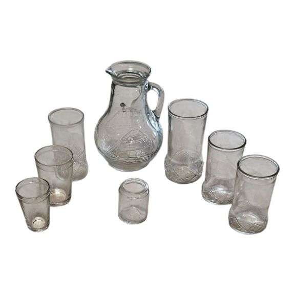 Vintage Clear Pressed-Glass Pitcher & Mixed Tumbler Set image
