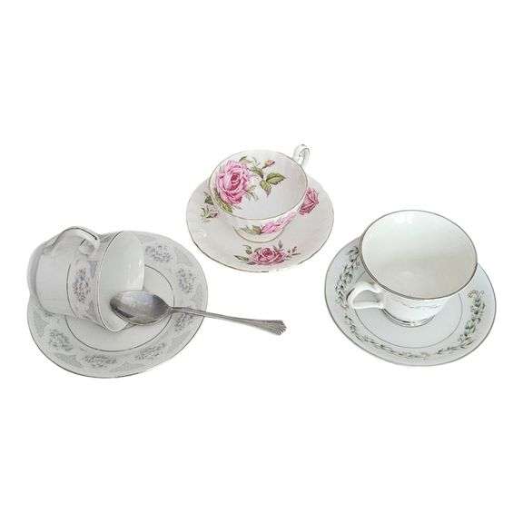 Set of 3 Fine China Teacup & Saucer Sets – Assorted Makers image