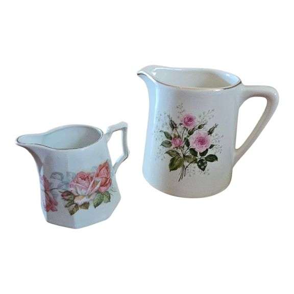 Pair of Vintage Floral Pitchers – One Marked Germany image