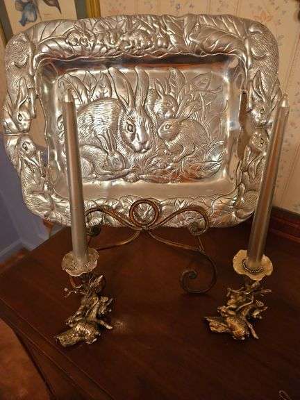 Silver dish and candle holders image
