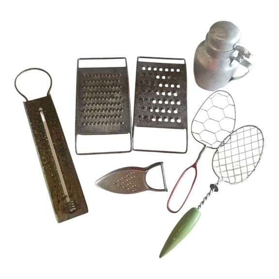 Vintage Kitchen Utensil Lot – Graters, Peeler, Creamer & Wire Whisks image