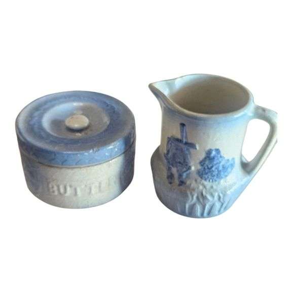 Blue & White Stoneware “BUTTER” Crock & Windmill Pitcher image