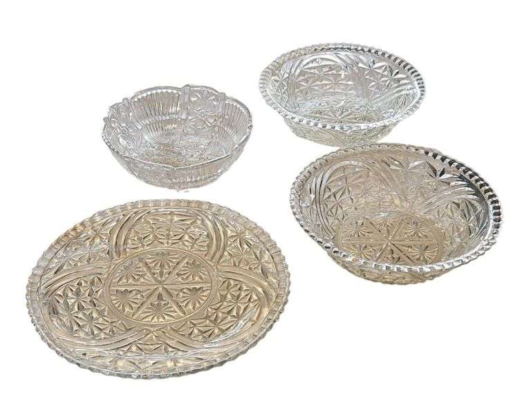 Lot of 4 Vintage Pressed Glass Serving Pieces – Bowls & Large Serving Plate image