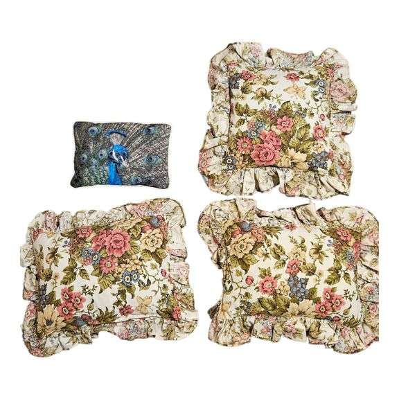 Lot of 4 Decorative Throw Pillows – Floral Ruffle Set + Peacock Accent Pillow image