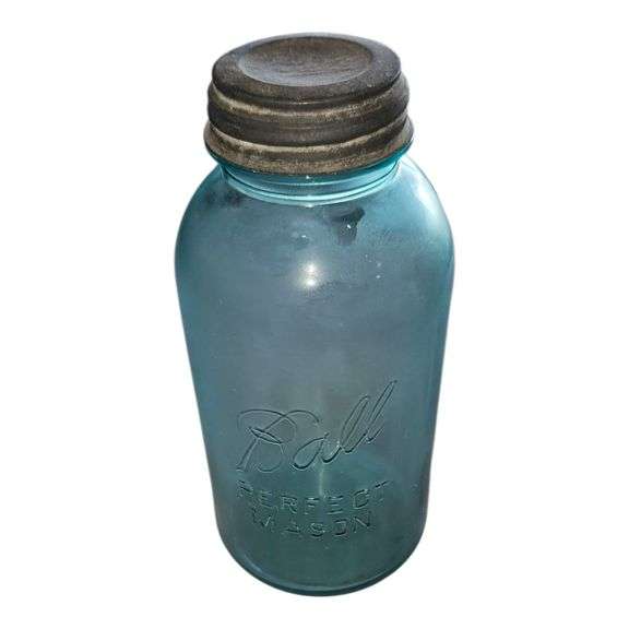 Vintage Ball Perfect Mason Jar – Blue Aqua Glass w/ Zinc Lid image