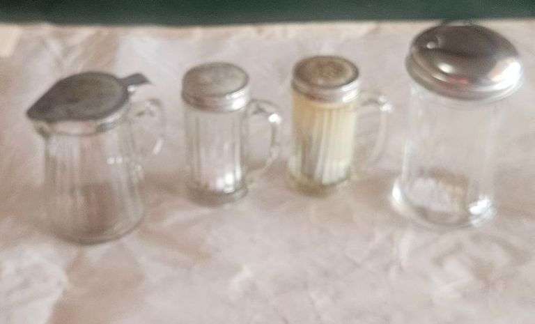 Lot of 4 Vintage Glass Shakers & Syrup Jar image