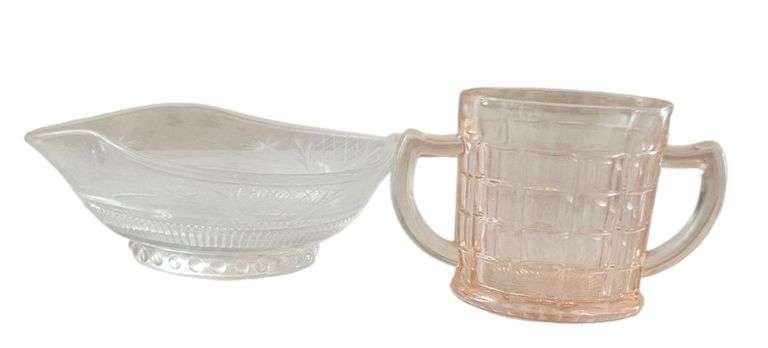 Pink Double-Handled Sugar and Clear Cut Glass Boat Dish image