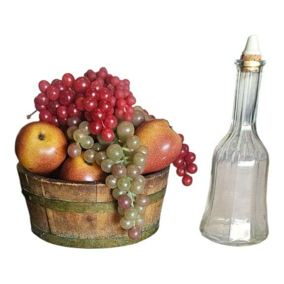 Rustic Decorative Fruit Bucket & Clear Glass Bottle with Cork image