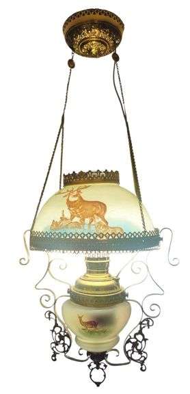 Antique Stag-Scene Hanging Parlor Lamp image