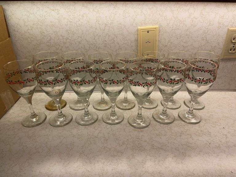 Set of 14 matching holly berry wine glasses image
