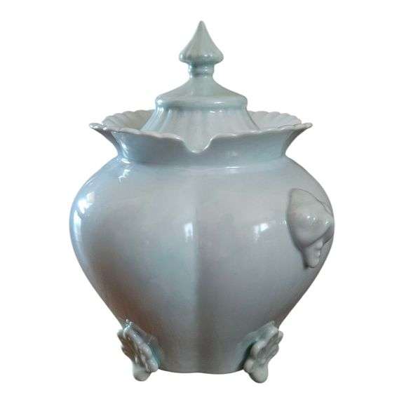 Vintage Celadon Green Covered Jar with Floral Feet image