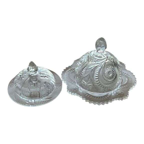 Pair of Vintage Cut Glass Covered Butter/Cheese Dishes image