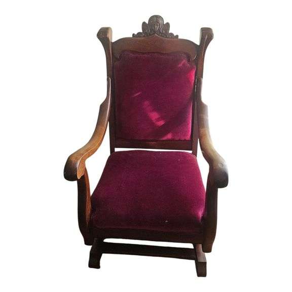 Victorian-Style Carved Rocking Chair with Velvet Upholstery image