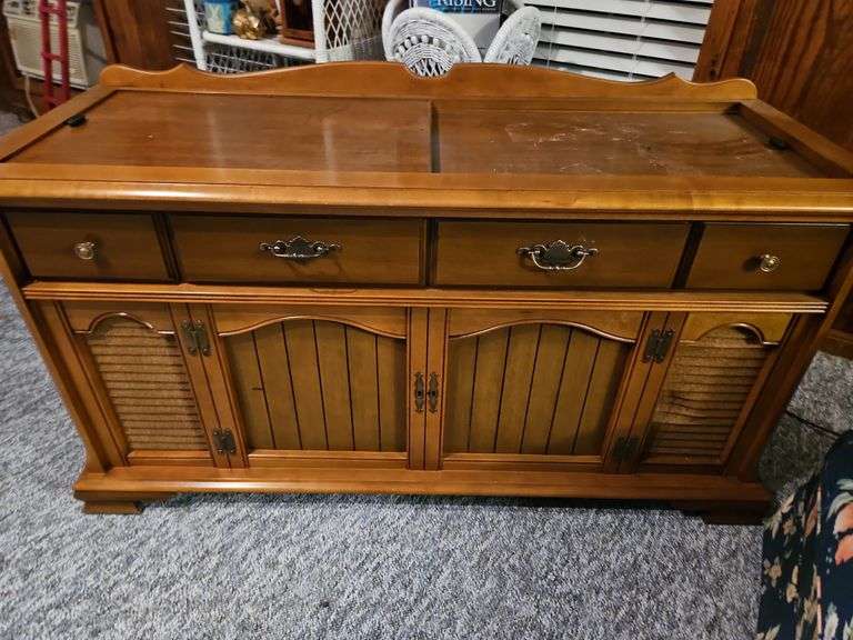 Vintage 54" Stereo Console w/ Turntable & Record Storage + LP Collection image