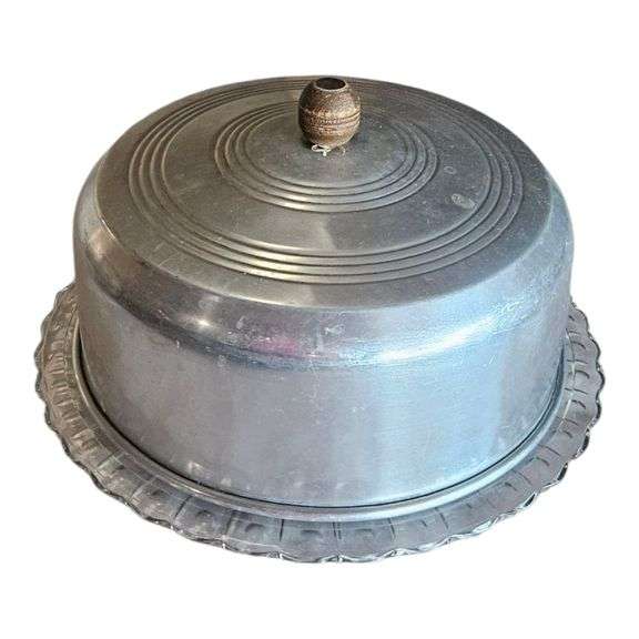 Vintage Aluminum Cake Cover w/ Ribbed Glass Plate image