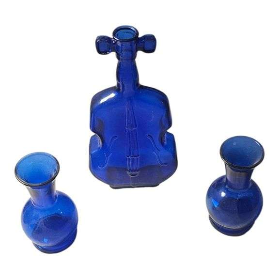 Cobalt Blue Violin Bottle & Mini Vase Pair (USA Marked) image