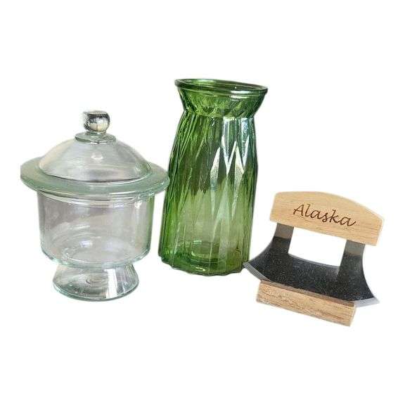 Lot: Glass Jar, Green Vase & Alaska Ulu Knife image