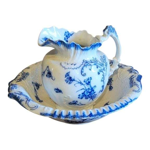 Antique Ironstone Blue & White Pitcher and Bowl Set – Royal Semi-Porcelain image