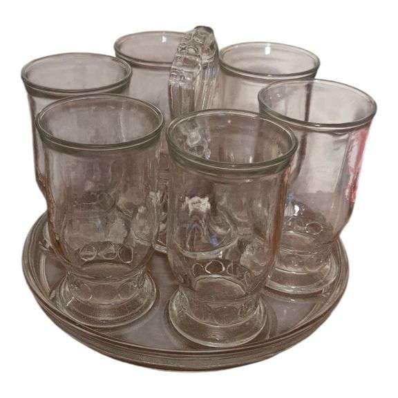 Vintage Clear Glass Punch or Beverage Set with Tray and Glasses image