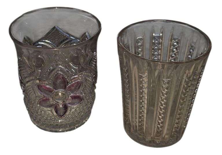 Pair of Vintage Pressed Glass Tumblers – Floral Accented & Paneled Designs image