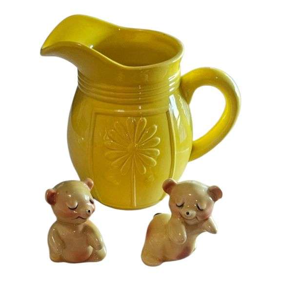 Yellow Pitcher & Ceramic Bear Figurines image