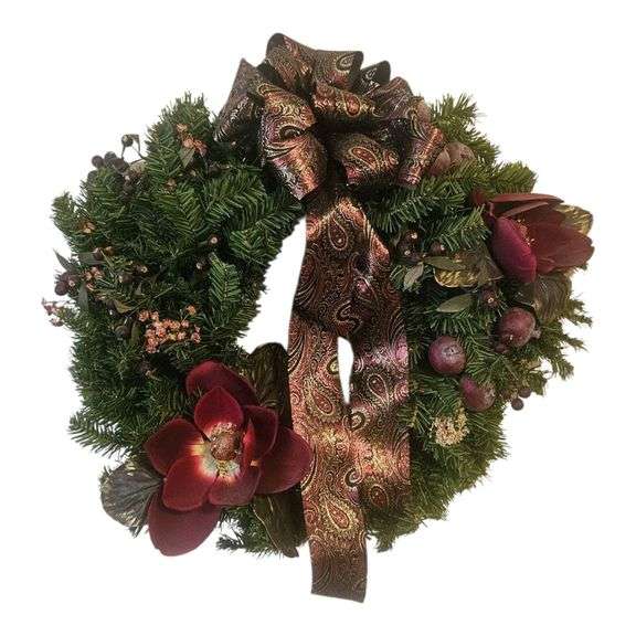 Decorative Holiday Wreath with Burgundy Florals and Ribbon image