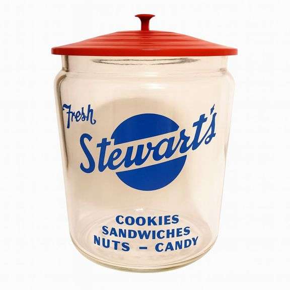 Vintage Stewart’s Glass Counter Jar with Red Lid image