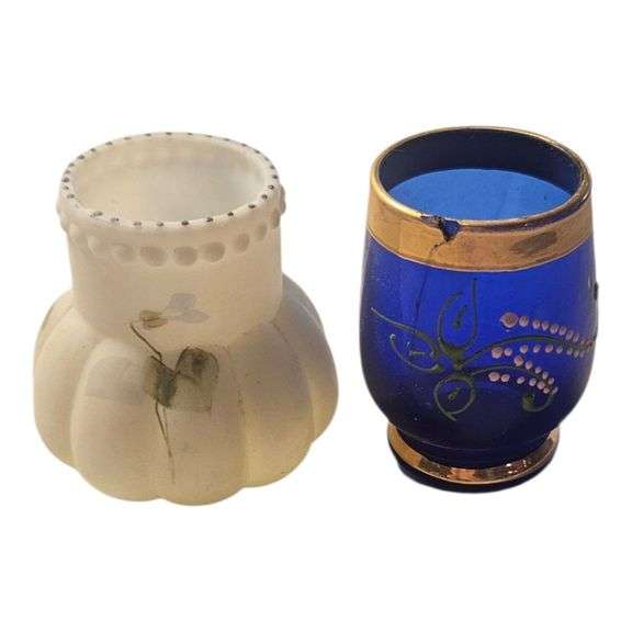 Pair of Antique Toothpick Holders – Frosted Glass & Cobalt Enamel image