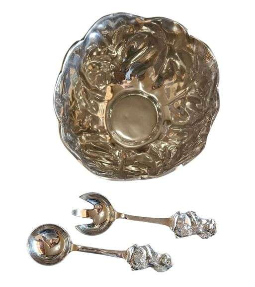 Silver-Tone Textured Bowl With Serving Utensils image