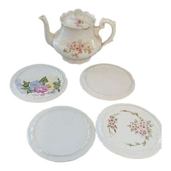 Antique Hand-Painted Tea Set with Floral Plates and Teapot – Historic Collection Marked “MAB Nov 1968” image