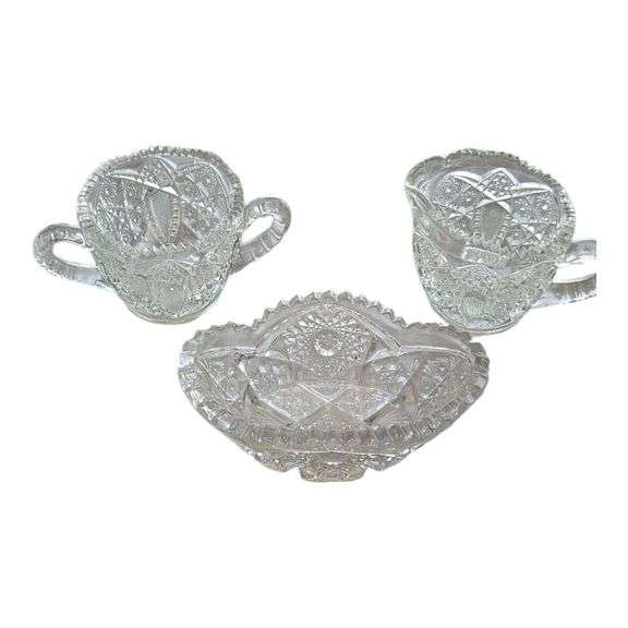 Vintage Pressed Glass Sugar & Creamer Set with Matching Serving Bowl image
