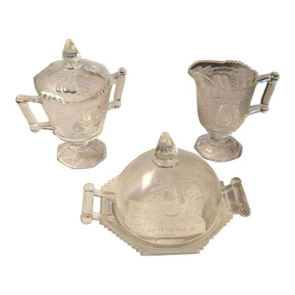 Vintage Clear Pressed Glass Table Set – Sugar, Creamer & Covered Butter Dish (Fruit & Leaf Pattern) image