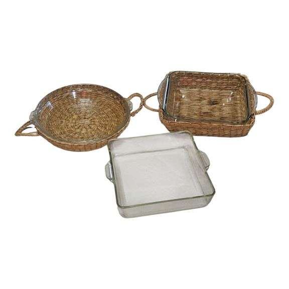 Pyrex & Glass Bakeware with Woven Serving Baskets image